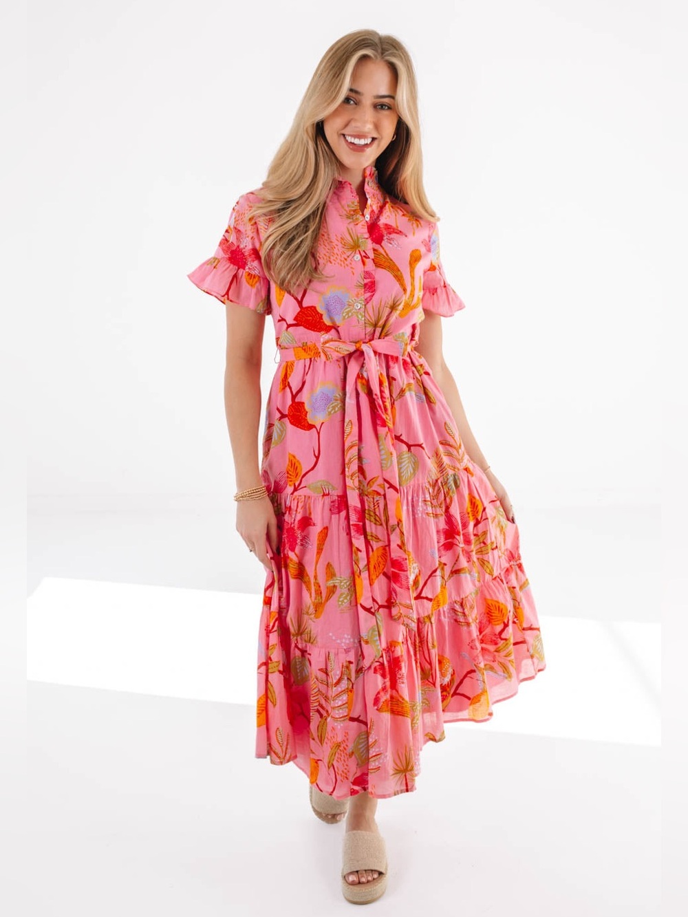 NWT J.Marie The Playa Button Up Midi Tropical Pink Dress Sz S